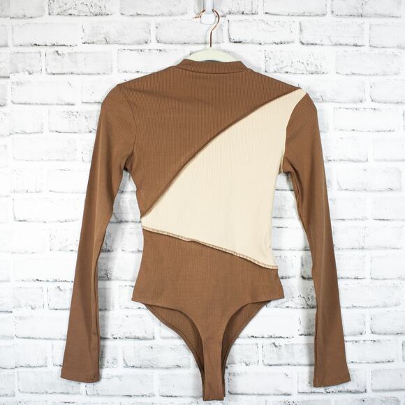 Naked Wardrobe Brown Color Block Ribbed Knit Long Sleeve Bodysuit Size Medium - Picture 6 of 12